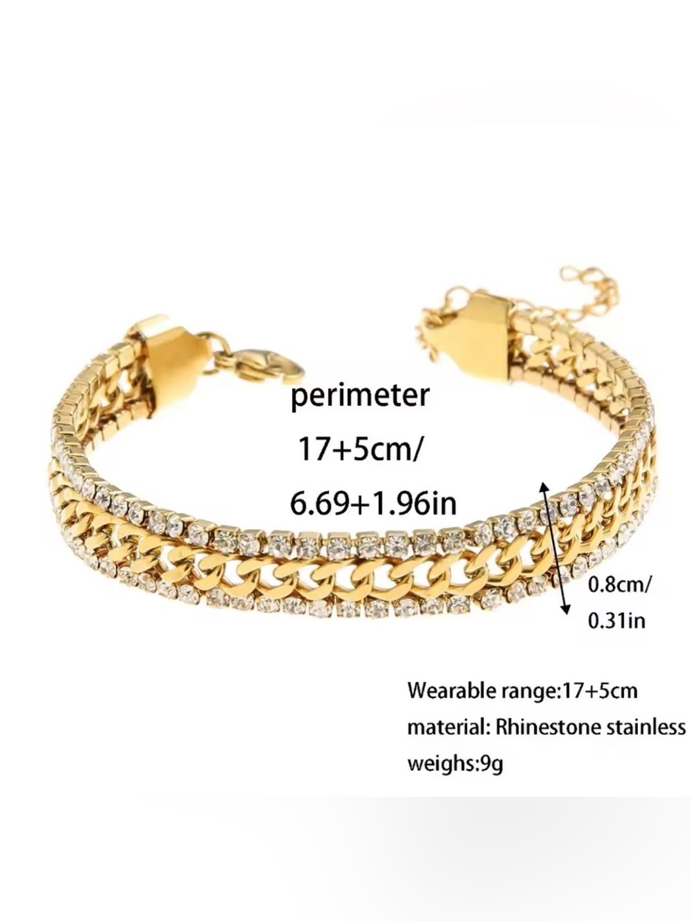 18K Gold Plated Stainless Steel Three Layers Bracelet Shiny Cubic Zirconia - Picture 7 of 8